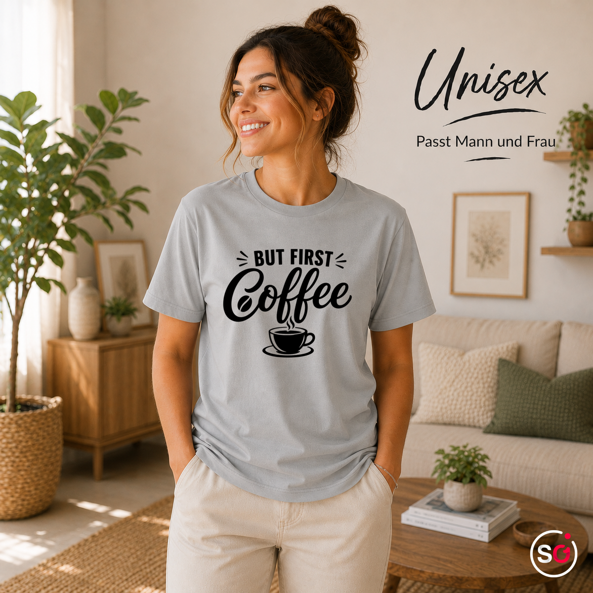 Unisex Grau – „But first, Coffee“ T-Shirt | Design mit Spruch für Kaffee-Liebhaber und Morgenmuffel