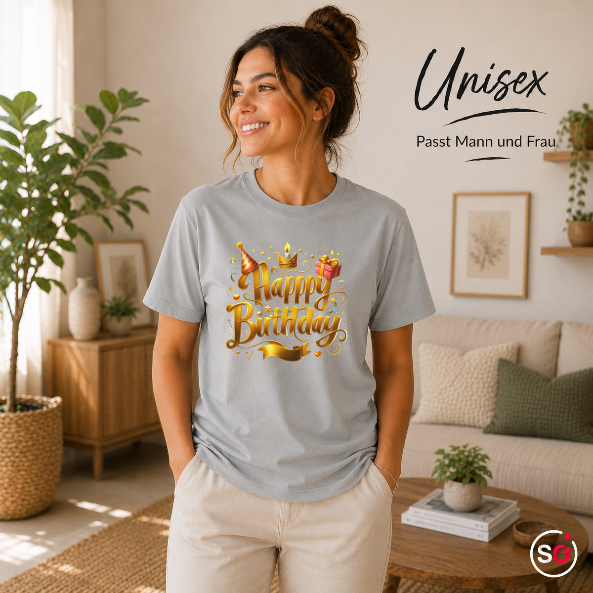 Unisex Grau – T-Shirt mit festlichem 'Happy Birthday' Schriftzug in edlem Gold-Design