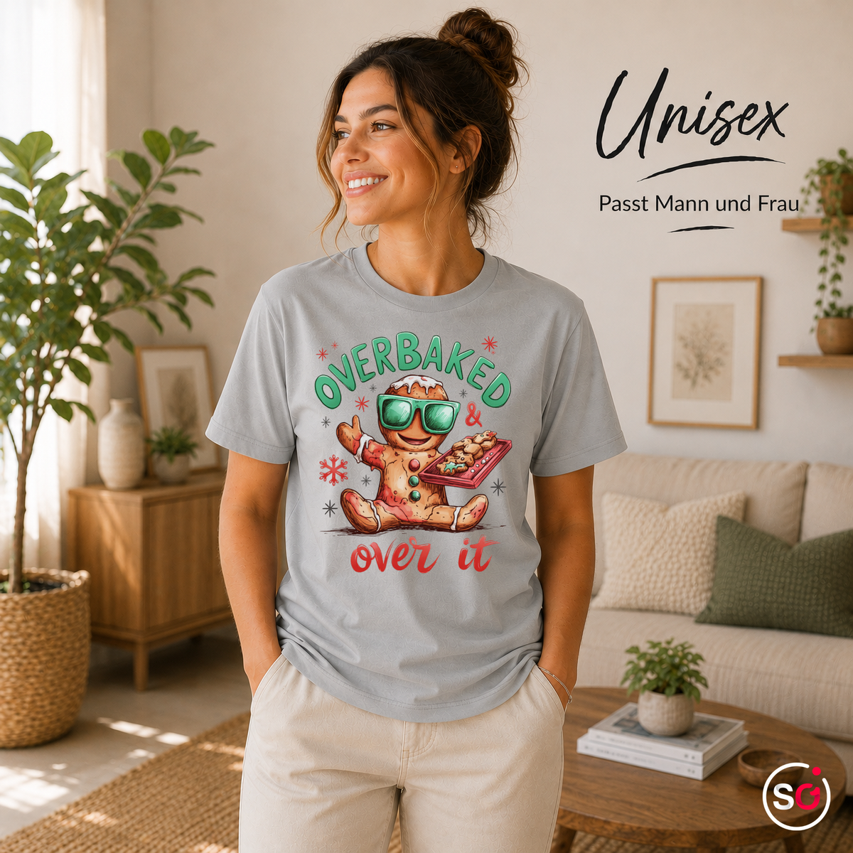 Unisex Grau – Lustiges Lebkuchenmann T-Shirt mit Spruch 'Overbaked & Over It' für Weihnachten