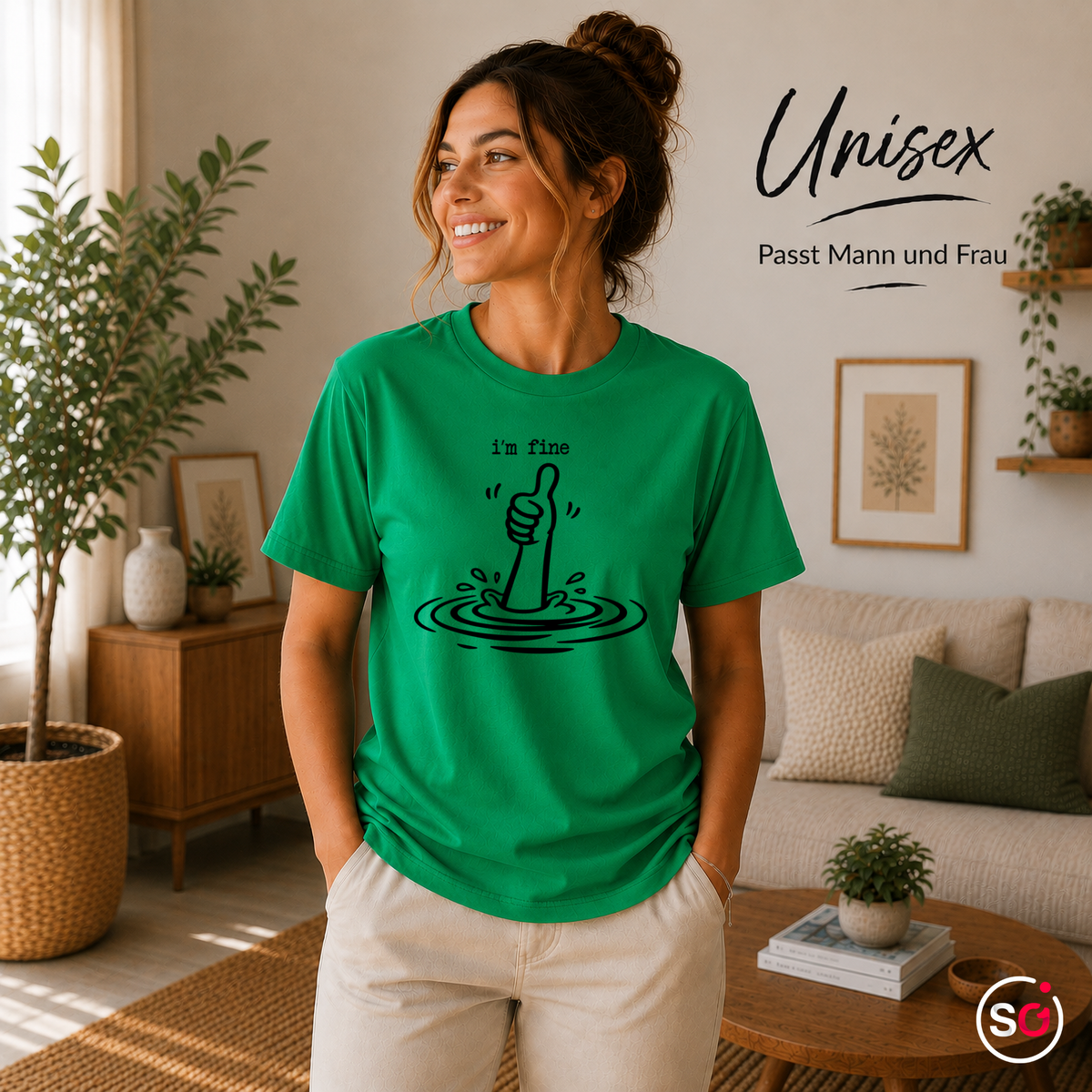 Unisex KellyGrün – T-Shirt mit sarkastischem 'I'm Fine' Daumen Hoch Motiv