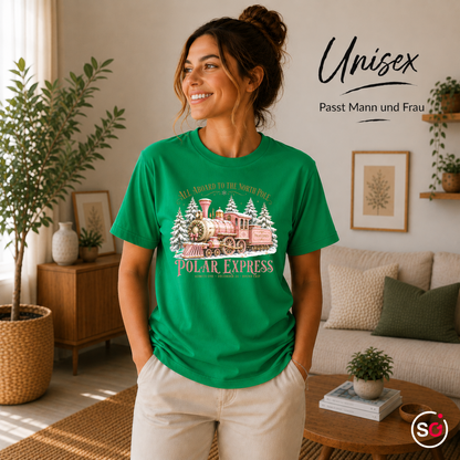 Unisex KellyGrün – T-Shirt Polar Express: Magische Weihnachtsfahrt zum Nordpol im Vintage-Design