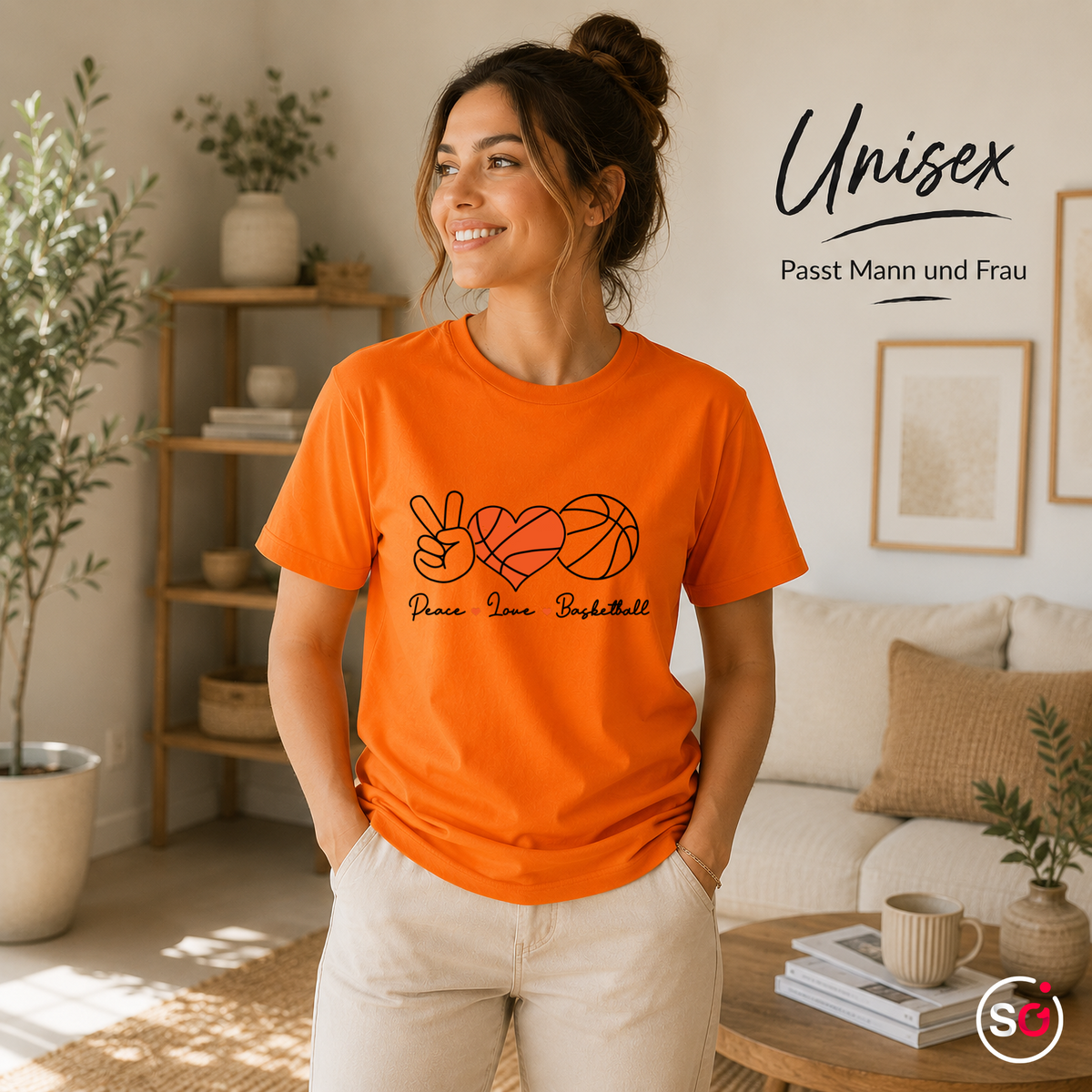 Unisex Orange – T-Shirt mit Peace, Love & Basketball Design | Herz-Ball & Friedenszeichen