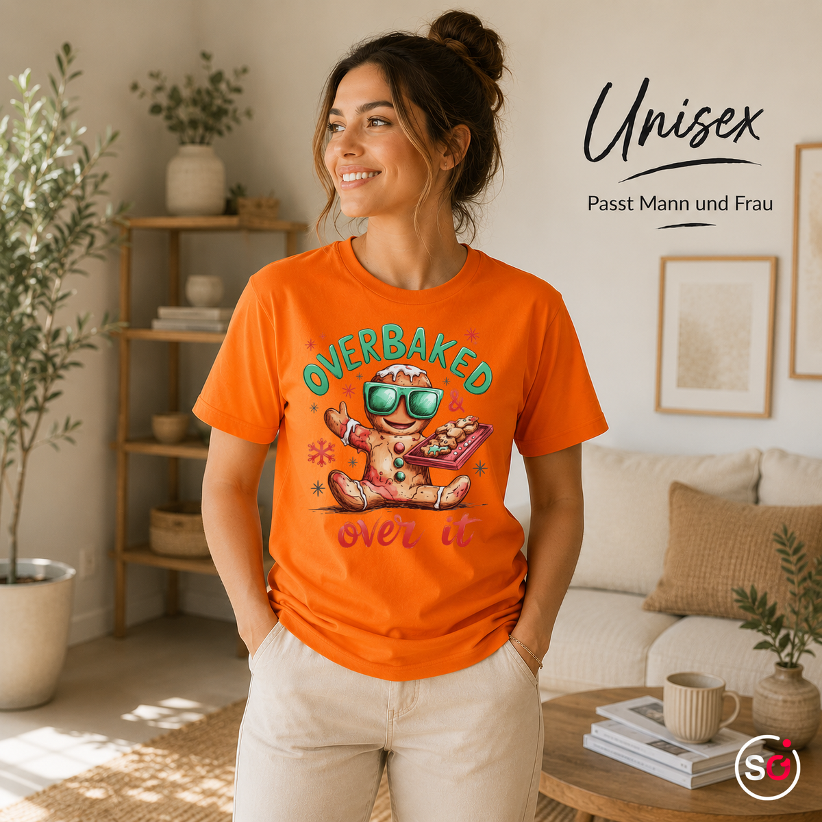 Unisex Orange – Lustiges Lebkuchenmann T-Shirt mit Spruch 'Overbaked & Over It' für Weihnachten