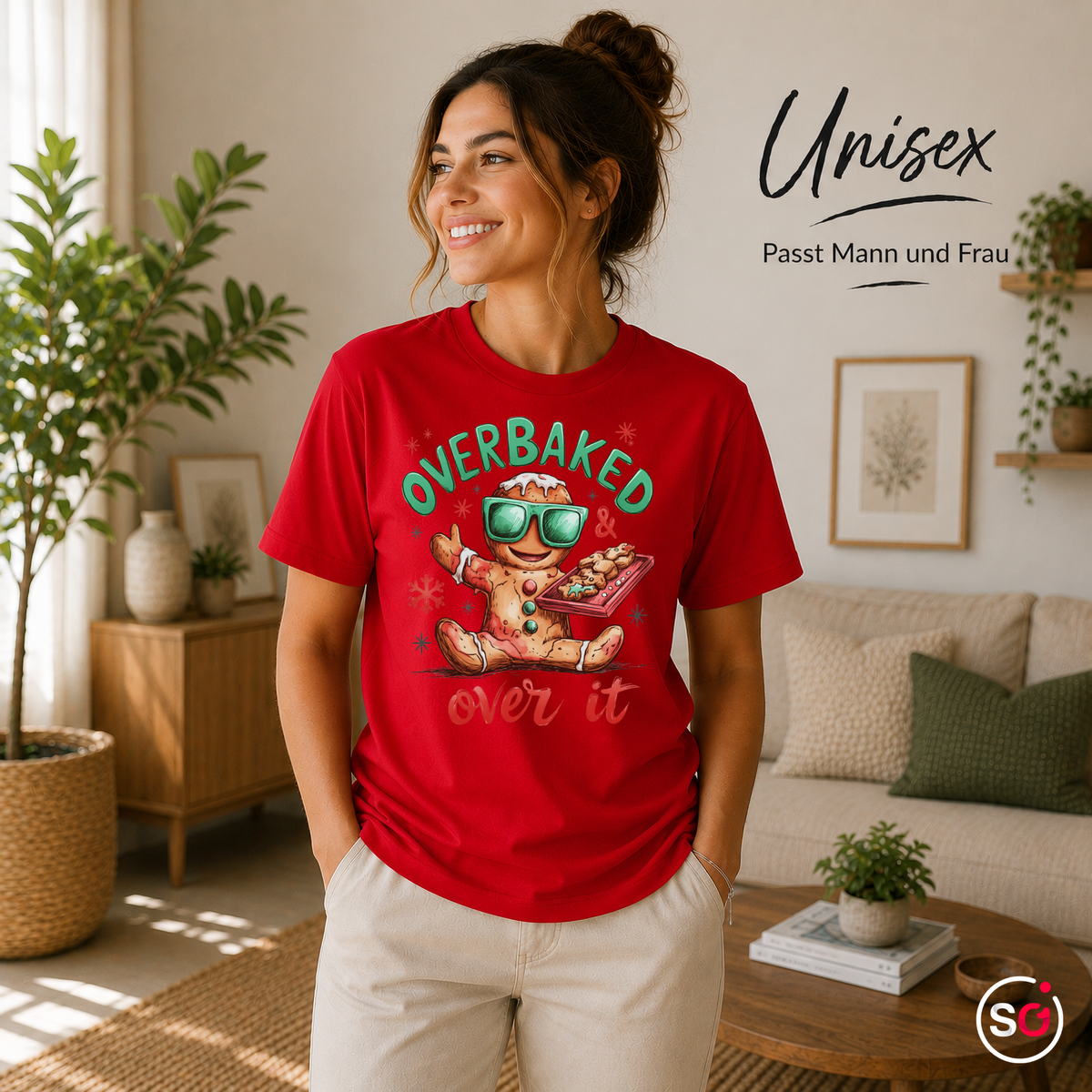 Unisex Rot – Lustiges Lebkuchenmann T-Shirt mit Spruch 'Overbaked & Over It' für Weihnachten