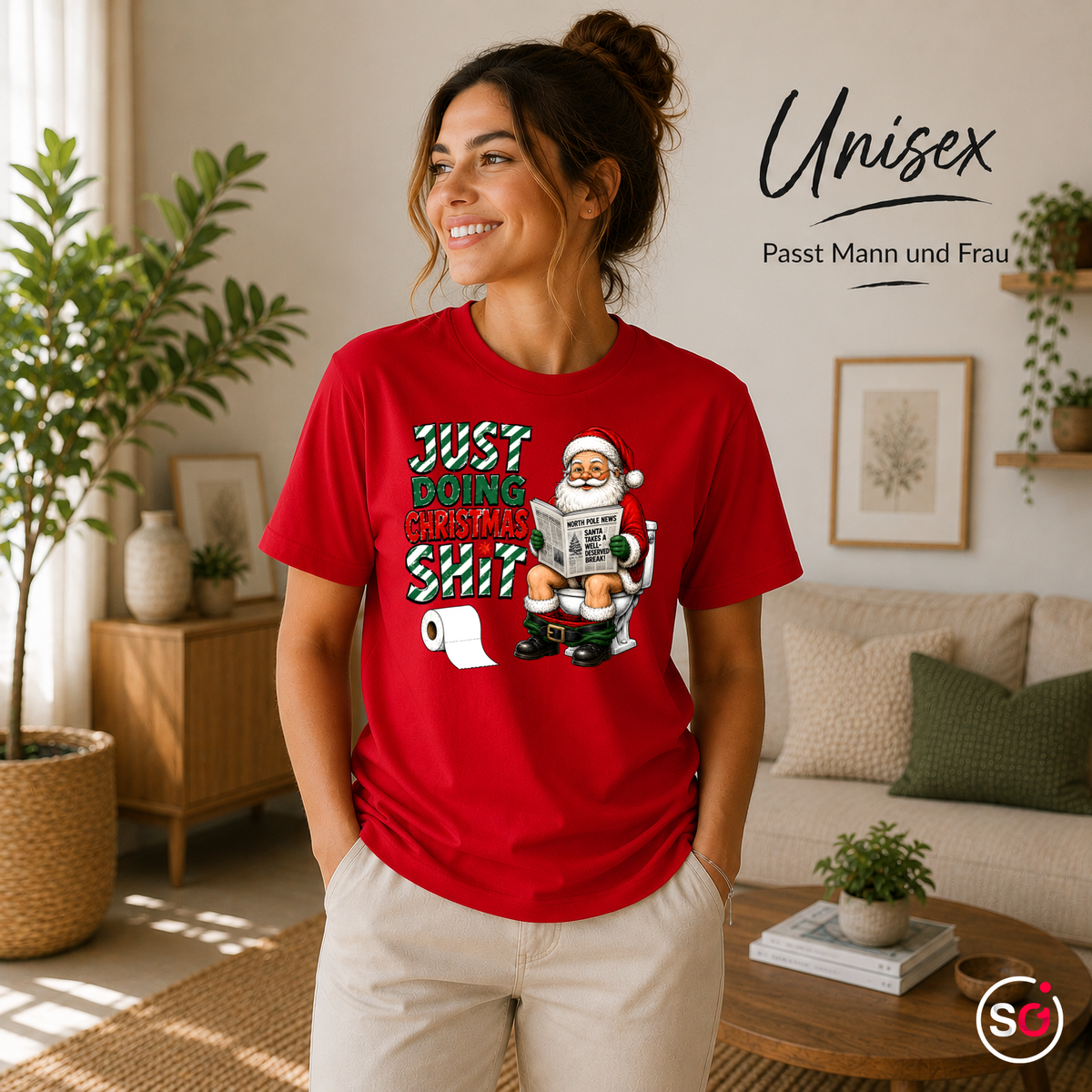 Unisex Rot – T-Shirt „Just Doing Christmas Shit“ mit Weihnachtsmann auf der Toilette