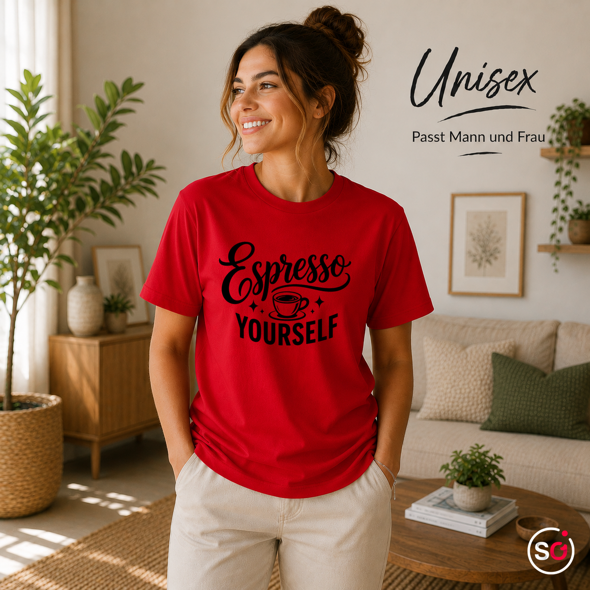 Unisex Rot – T-Shirt mit Spruch "Espresso Yourself" | Witziges Wortspiel-Design für Kaffeeliebhaber