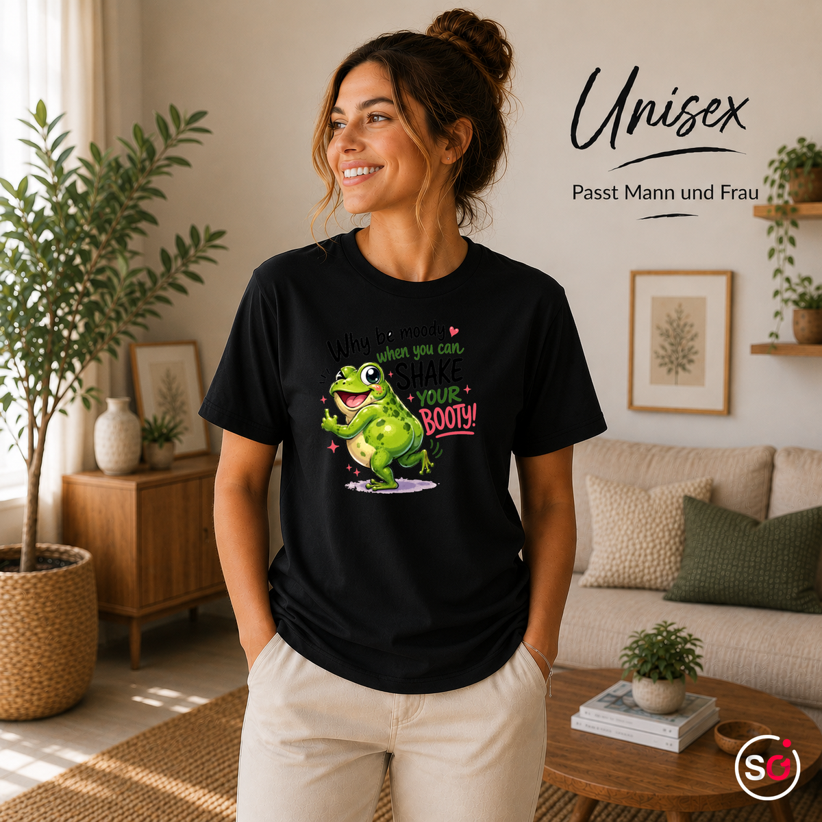 Unisex Schwarz – Tanzender Frosch Shake Your Booty T-Shirt – Lustiges Motiv für gute Laune