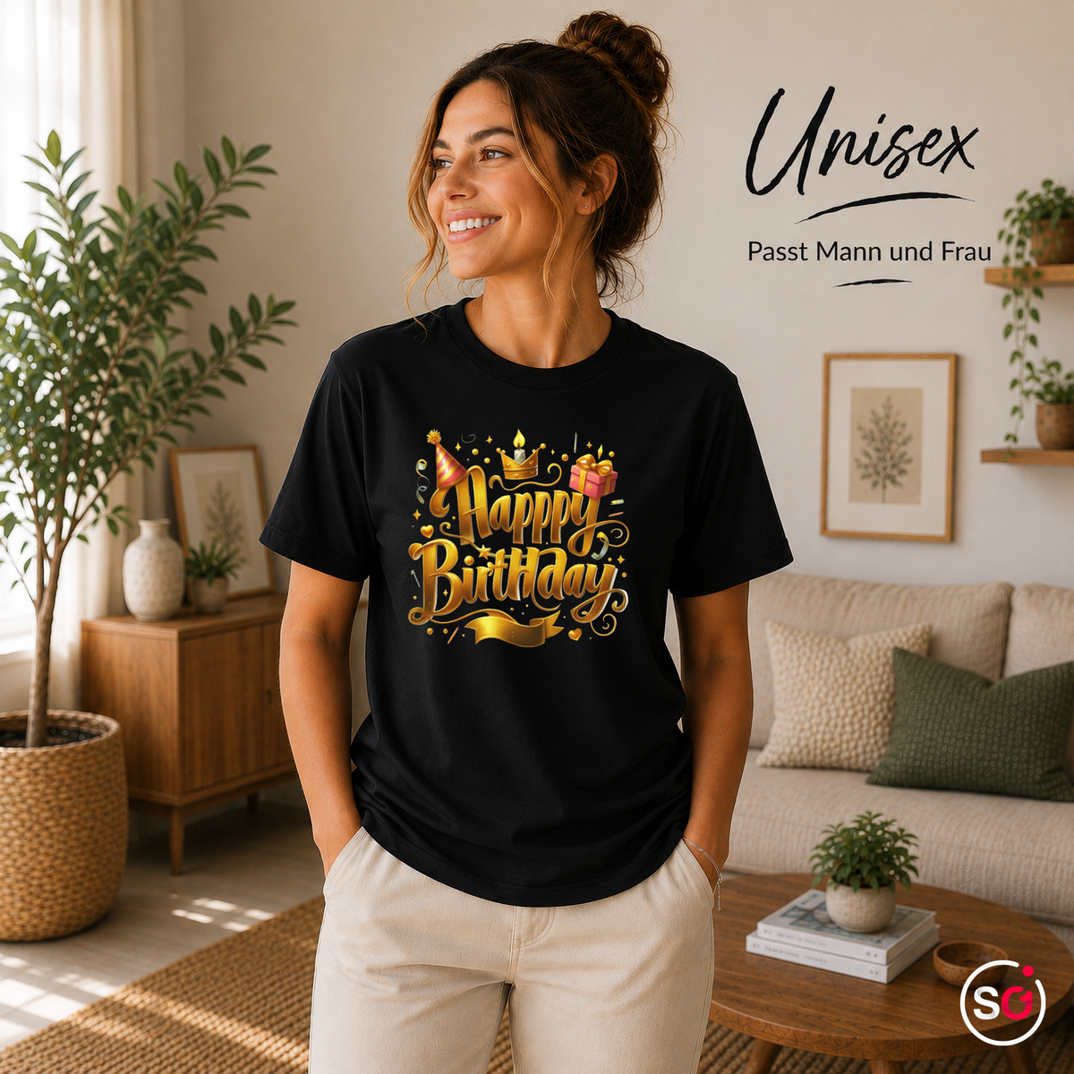 Unisex Schwarz – T-Shirt mit festlichem 'Happy Birthday' Schriftzug in edlem Gold-Design