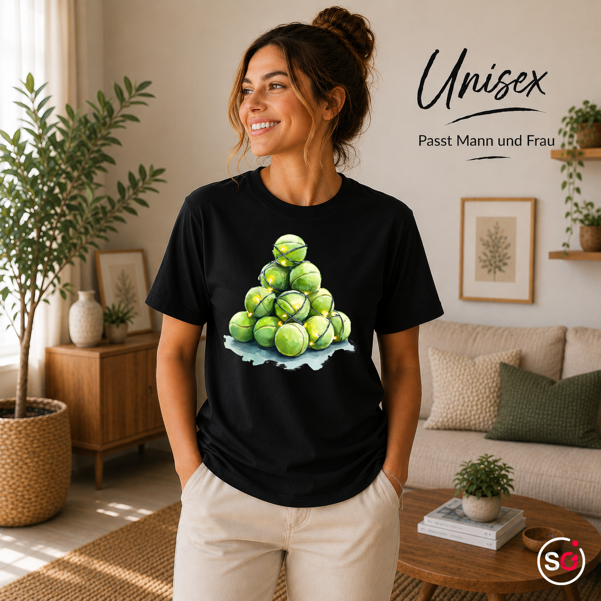 Unisex Schwarz – Weihnachtsbaum aus Tennisbällen T-Shirt | Festliches Design für Tennisfans
