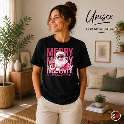Unisex Schwarz – T-Shirt mit coolem Santa Claus Motiv, Sonnenbrille & Kaugummi | Modernes Weihnachtsdesign