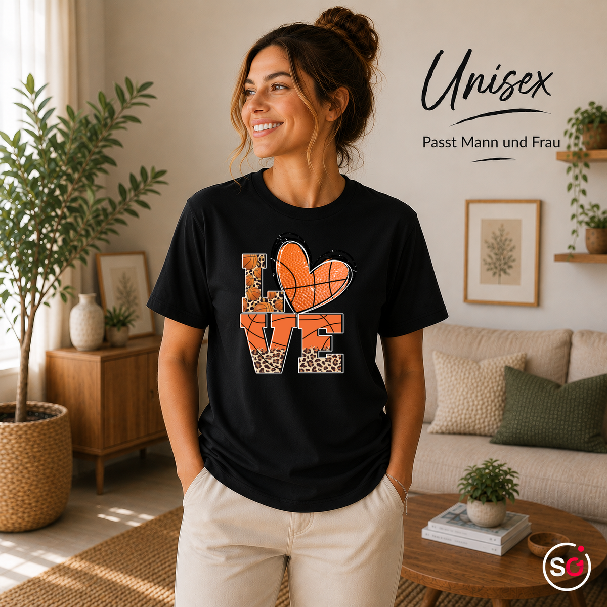 Unisex Schwarz – LOVE T-Shirt mit Basketball-Herz und stylischem Leopardenmuster