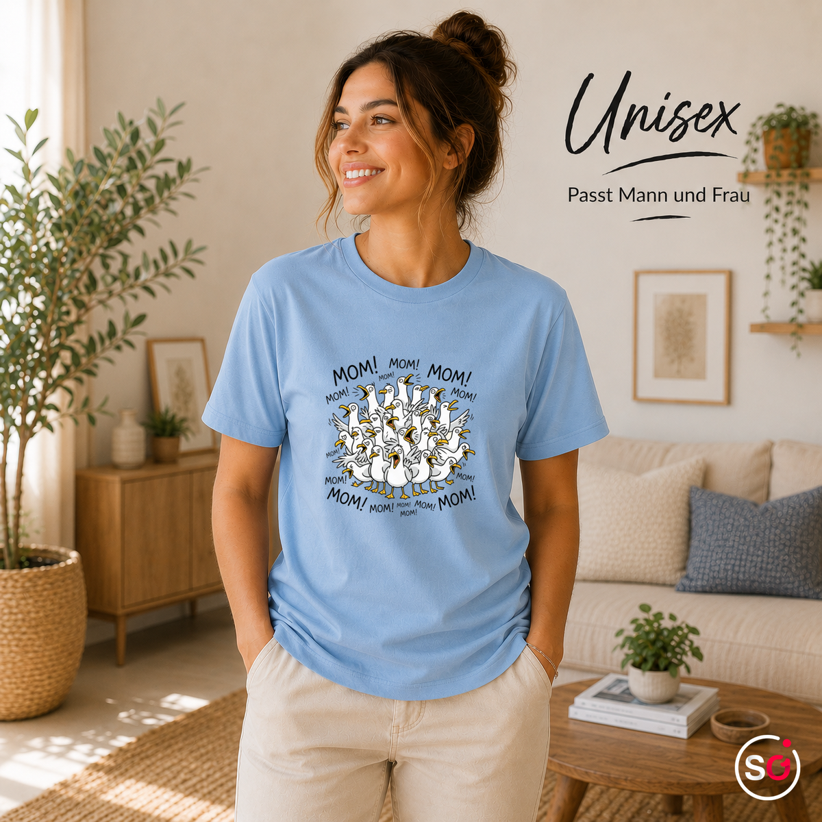 Unisex SkyBlau – T-Shirt mit schreienden Möwen 'Mom! Mom! Mom!' - Lustiges Comic-Design