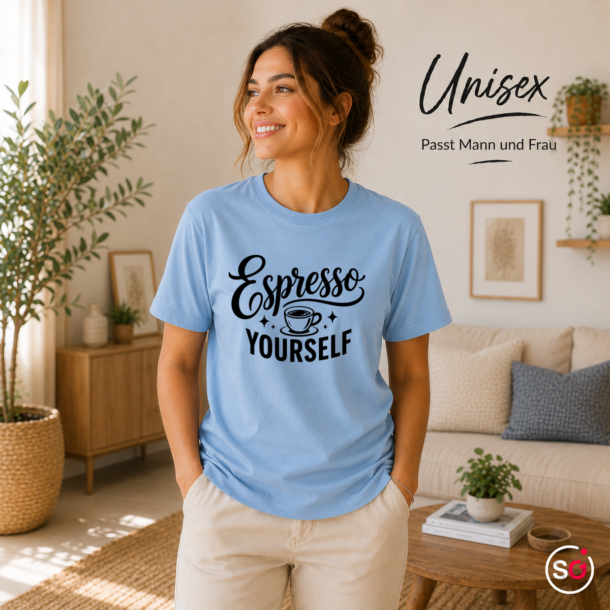 Unisex SkyBlau – T-Shirt mit Spruch "Espresso Yourself" | Witziges Wortspiel-Design für Kaffeeliebhaber