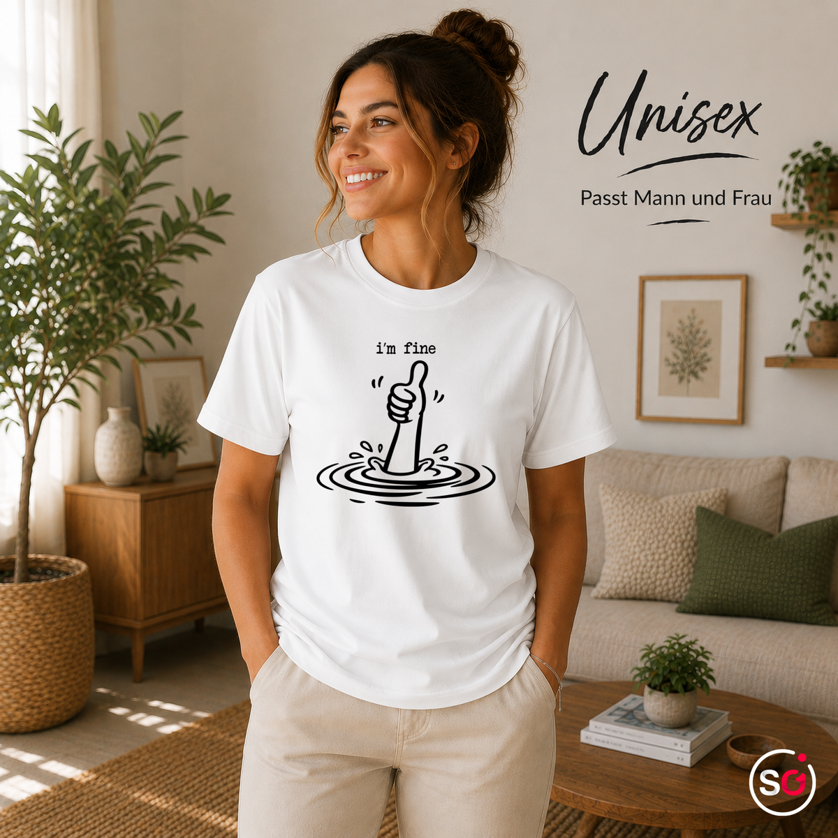 Unisex Weiß – T-Shirt mit sarkastischem 'I'm Fine' Daumen Hoch Motiv