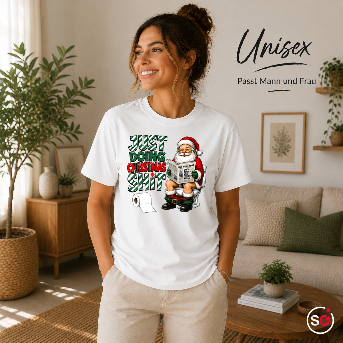 Unisex Weiß – T-Shirt „Just Doing Christmas Shit“ mit Weihnachtsmann auf der Toilette