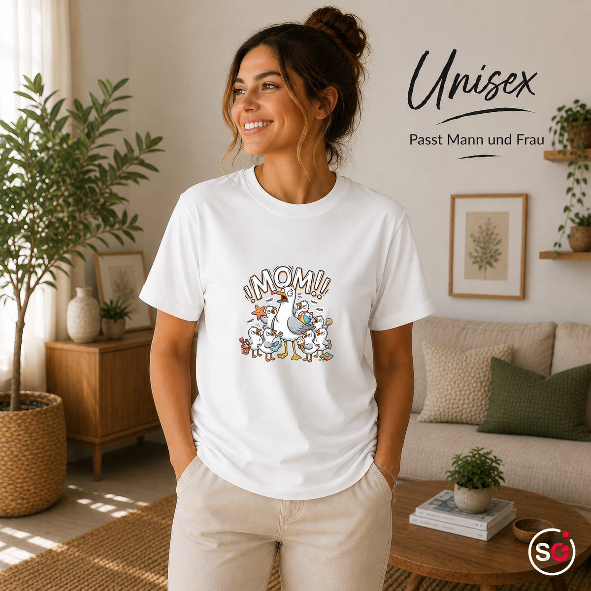 Unisex Weiß – T-Shirt mit gestresster Möwen-Mama | Witziges Cartoon-Design mit chaotischer Küken-Schar