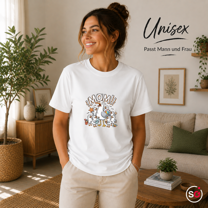 Unisex Weiß – T-Shirt mit gestresster Möwen-Mama | Witziges Cartoon-Design mit chaotischer Küken-Schar