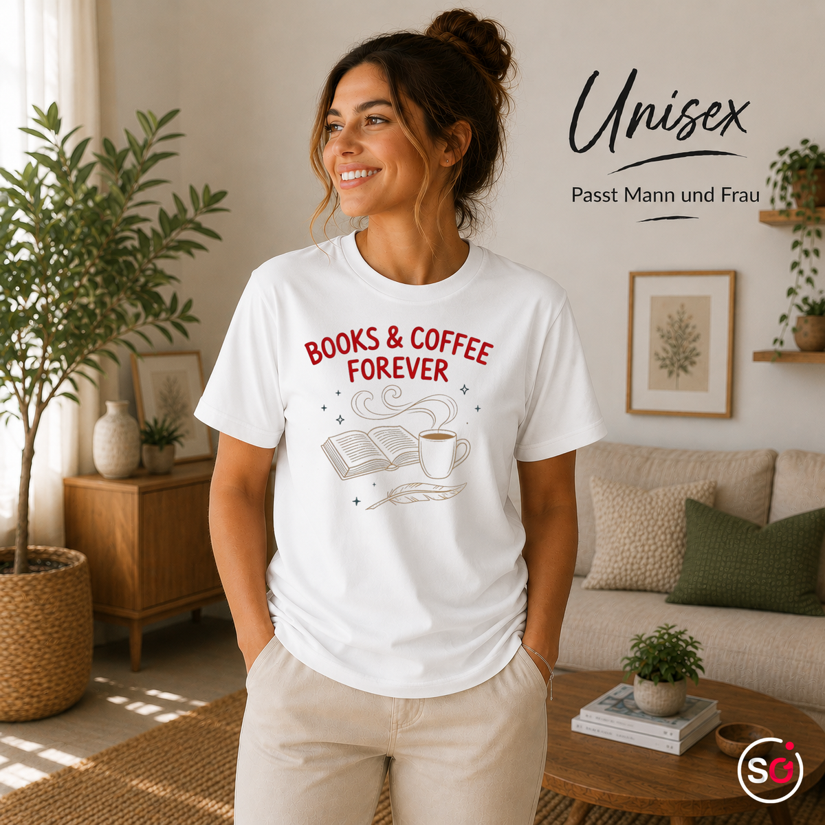 Unisex Weiß – T-Shirt mit "Books & Coffee Forever" Design | Illustration für Leseratten & Kaffeeliebhaber