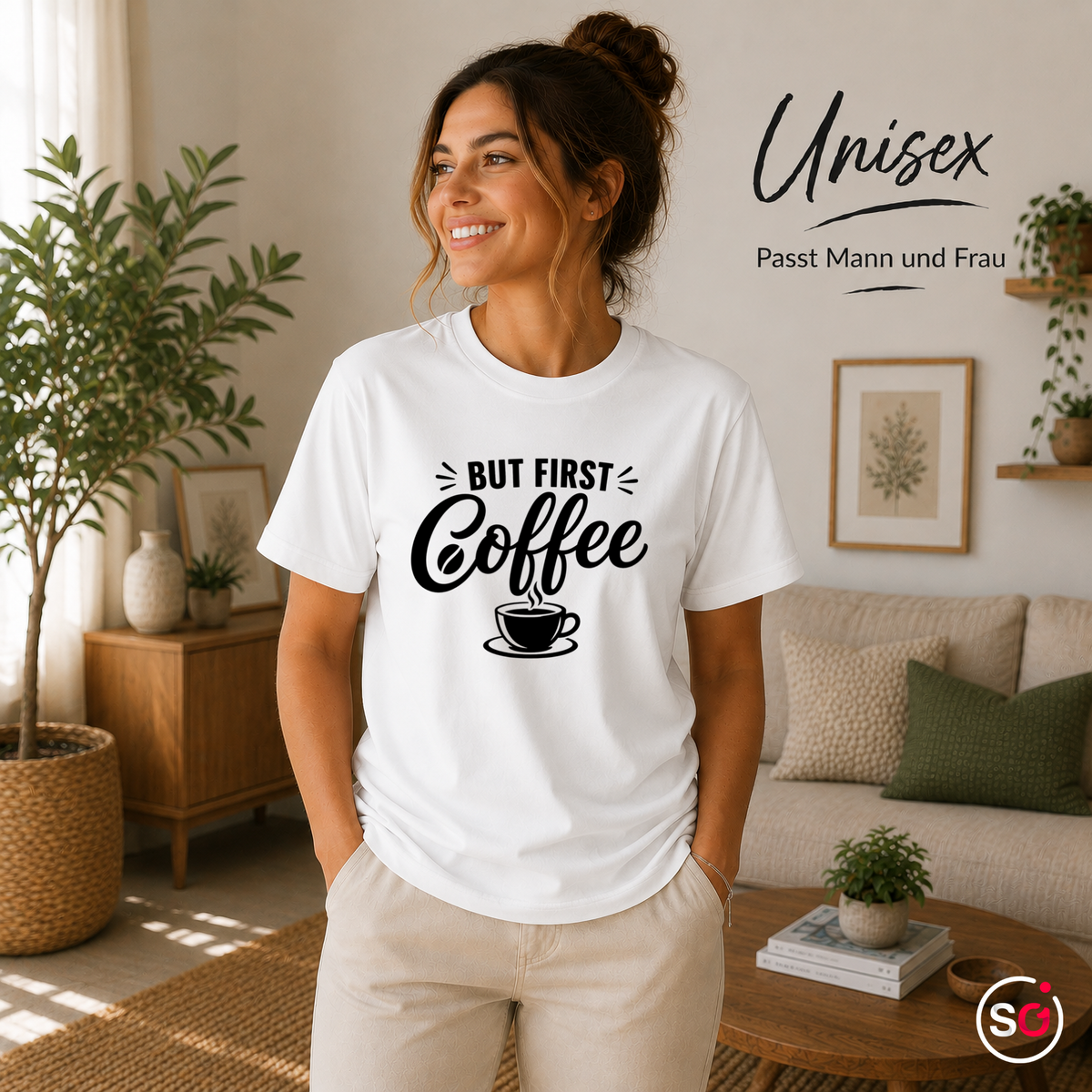 Unisex Weiß – „But first, Coffee“ T-Shirt | Design mit Spruch für Kaffee-Liebhaber und Morgenmuffel