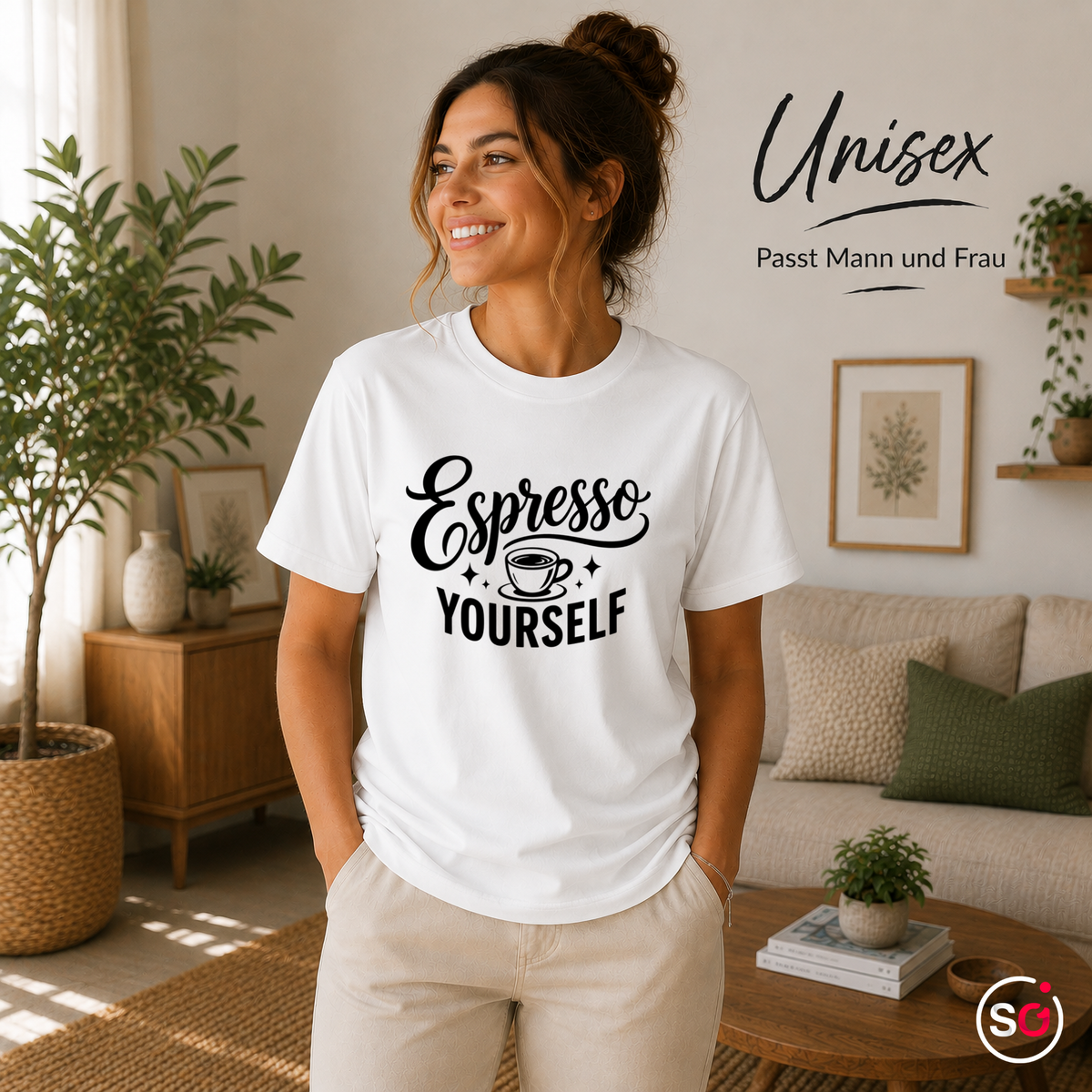 Unisex Weiß – T-Shirt mit Spruch "Espresso Yourself" | Witziges Wortspiel-Design für Kaffeeliebhaber