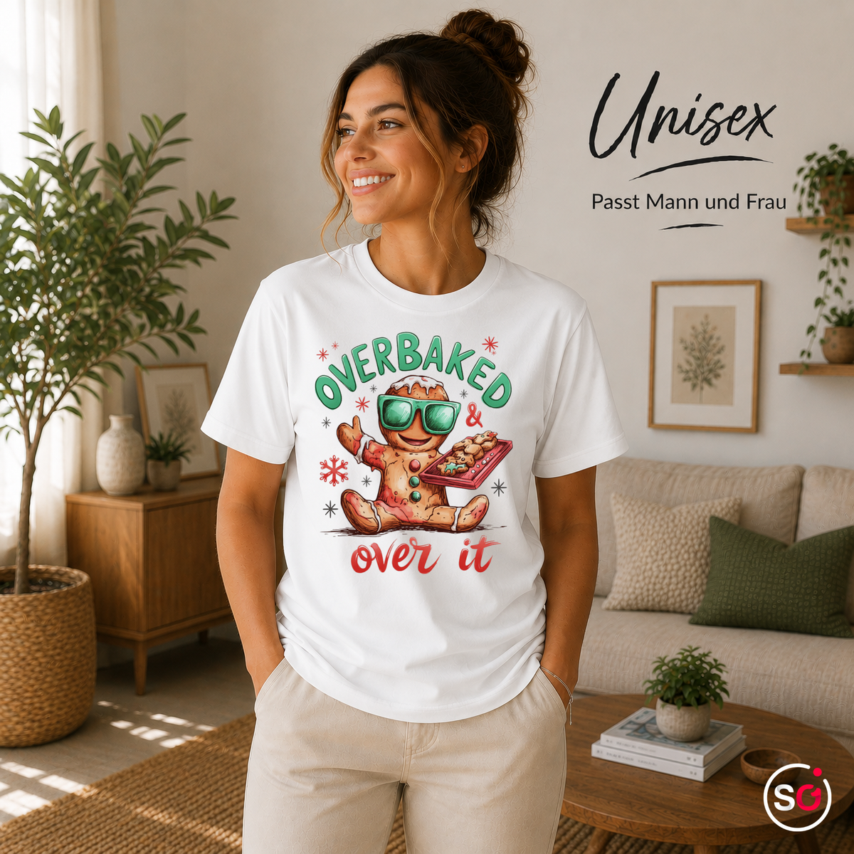 Unisex Weiß – Lustiges Lebkuchenmann T-Shirt mit Spruch 'Overbaked & Over It' für Weihnachten
