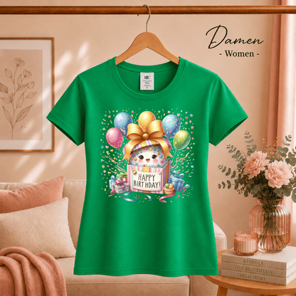 Fröhliches 'Happy Birthday' T-Shirt | Süßes Tier in Geschenkbox mit bunten Ballons - StyleOne