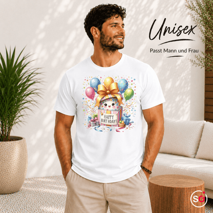 Fröhliches 'Happy Birthday' T-Shirt | Süßes Tier in Geschenkbox mit bunten Ballons - StyleOne
