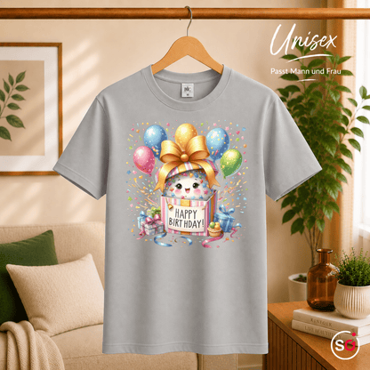 Fröhliches 'Happy Birthday' T-Shirt | Süßes Tier in Geschenkbox mit bunten Ballons - StyleOne