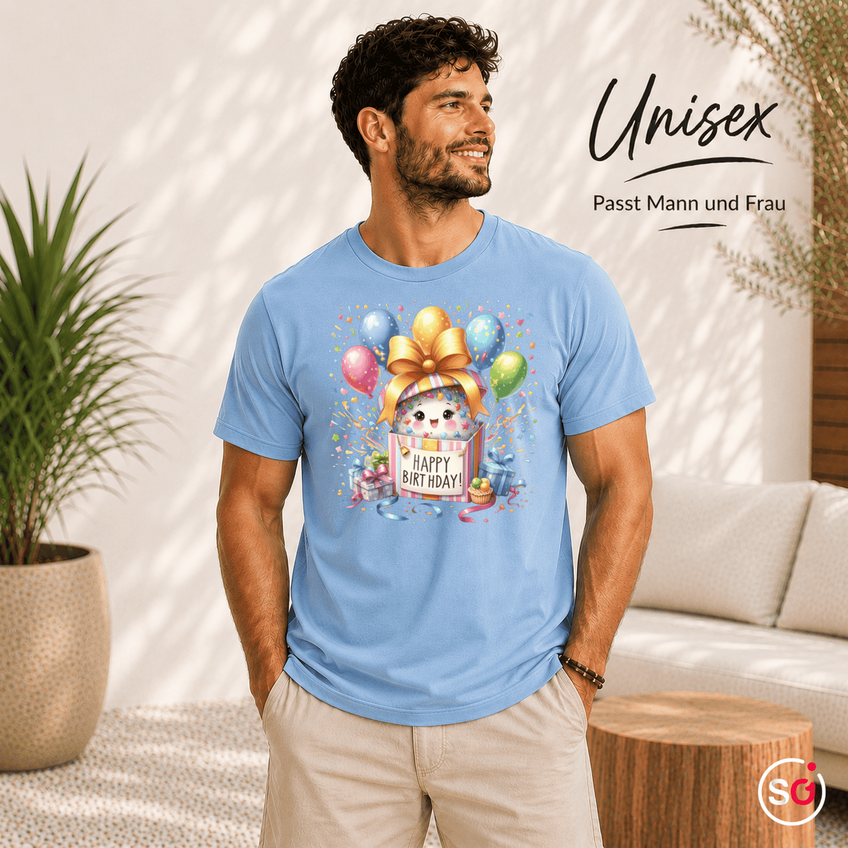 Fröhliches 'Happy Birthday' T-Shirt | Süßes Tier in Geschenkbox mit bunten Ballons - StyleOne