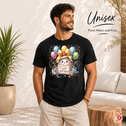 Fröhliches 'Happy Birthday' T-Shirt | Süßes Tier in Geschenkbox mit bunten Ballons - StyleOne