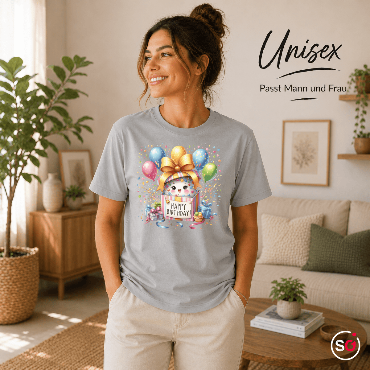 Fröhliches 'Happy Birthday' T-Shirt | Süßes Tier in Geschenkbox mit bunten Ballons - StyleOne