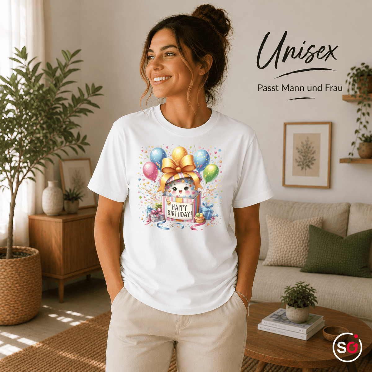 Fröhliches 'Happy Birthday' T-Shirt | Süßes Tier in Geschenkbox mit bunten Ballons - StyleOne