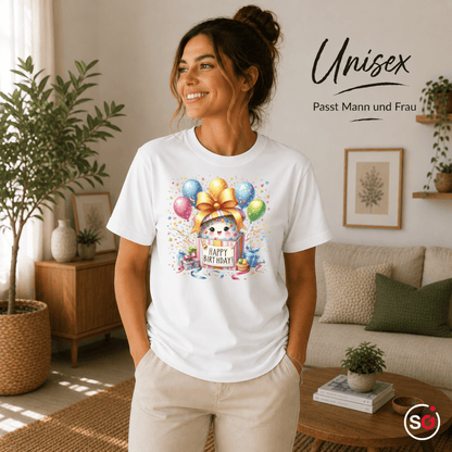 Fröhliches 'Happy Birthday' T-Shirt | Süßes Tier in Geschenkbox mit bunten Ballons - StyleOne