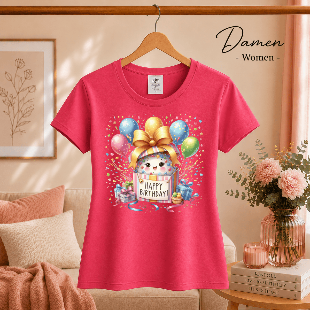 Fröhliches 'Happy Birthday' T-Shirt | Süßes Tier in Geschenkbox mit bunten Ballons - StyleOne