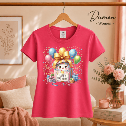 Fröhliches 'Happy Birthday' T-Shirt | Süßes Tier in Geschenkbox mit bunten Ballons - StyleOne
