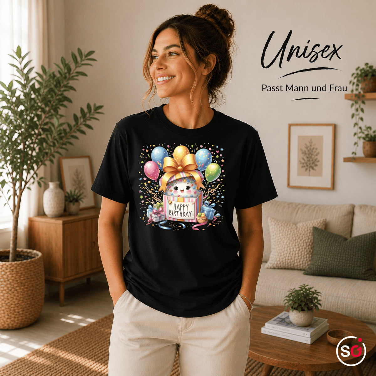 Fröhliches 'Happy Birthday' T-Shirt | Süßes Tier in Geschenkbox mit bunten Ballons - StyleOne