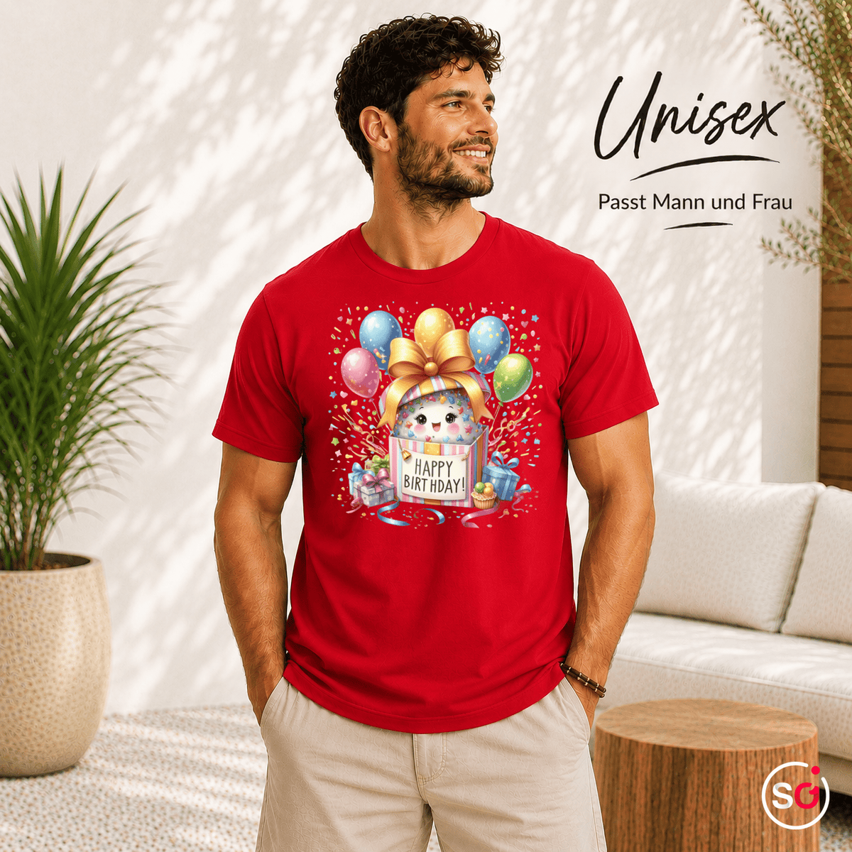Fröhliches 'Happy Birthday' T-Shirt | Süßes Tier in Geschenkbox mit bunten Ballons - StyleOne