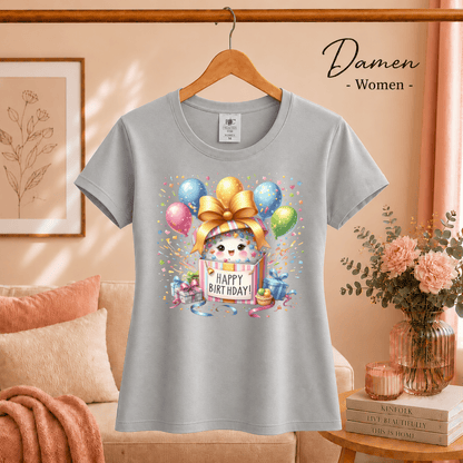 Fröhliches 'Happy Birthday' T-Shirt | Süßes Tier in Geschenkbox mit bunten Ballons - StyleOne