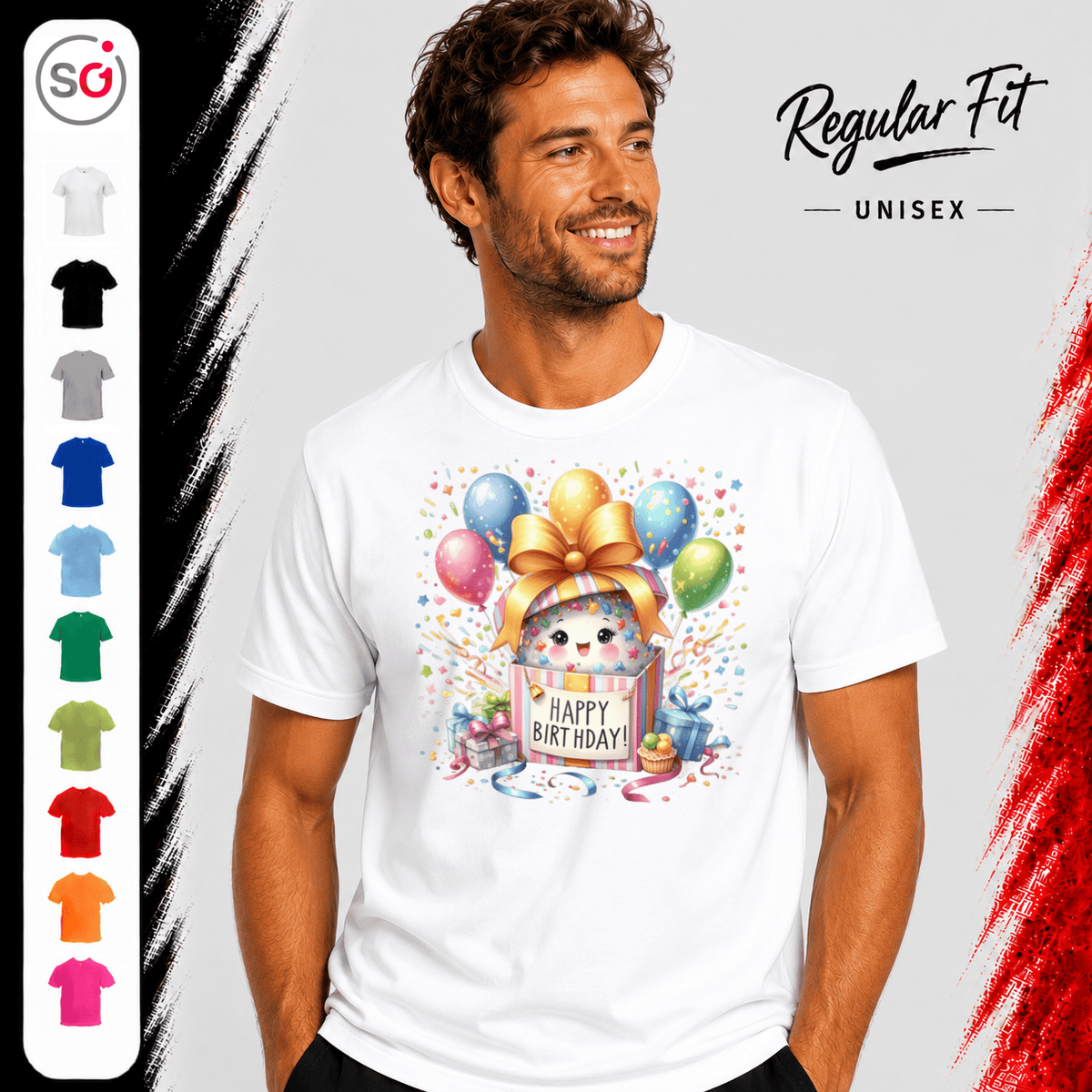 Fröhliches 'Happy Birthday' T-Shirt | Süßes Tier in Geschenkbox mit bunten Ballons - StyleOne