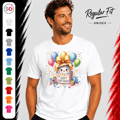 Fröhliches 'Happy Birthday' T-Shirt | Süßes Tier in Geschenkbox mit bunten Ballons - StyleOne