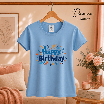 Happy Birthday T-Shirt mit dynamischem Farb-Splash & Konfetti-Design - StyleOne