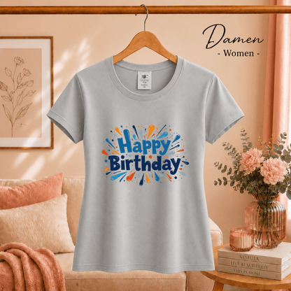 Happy Birthday T-Shirt mit dynamischem Farb-Splash & Konfetti-Design - StyleOne