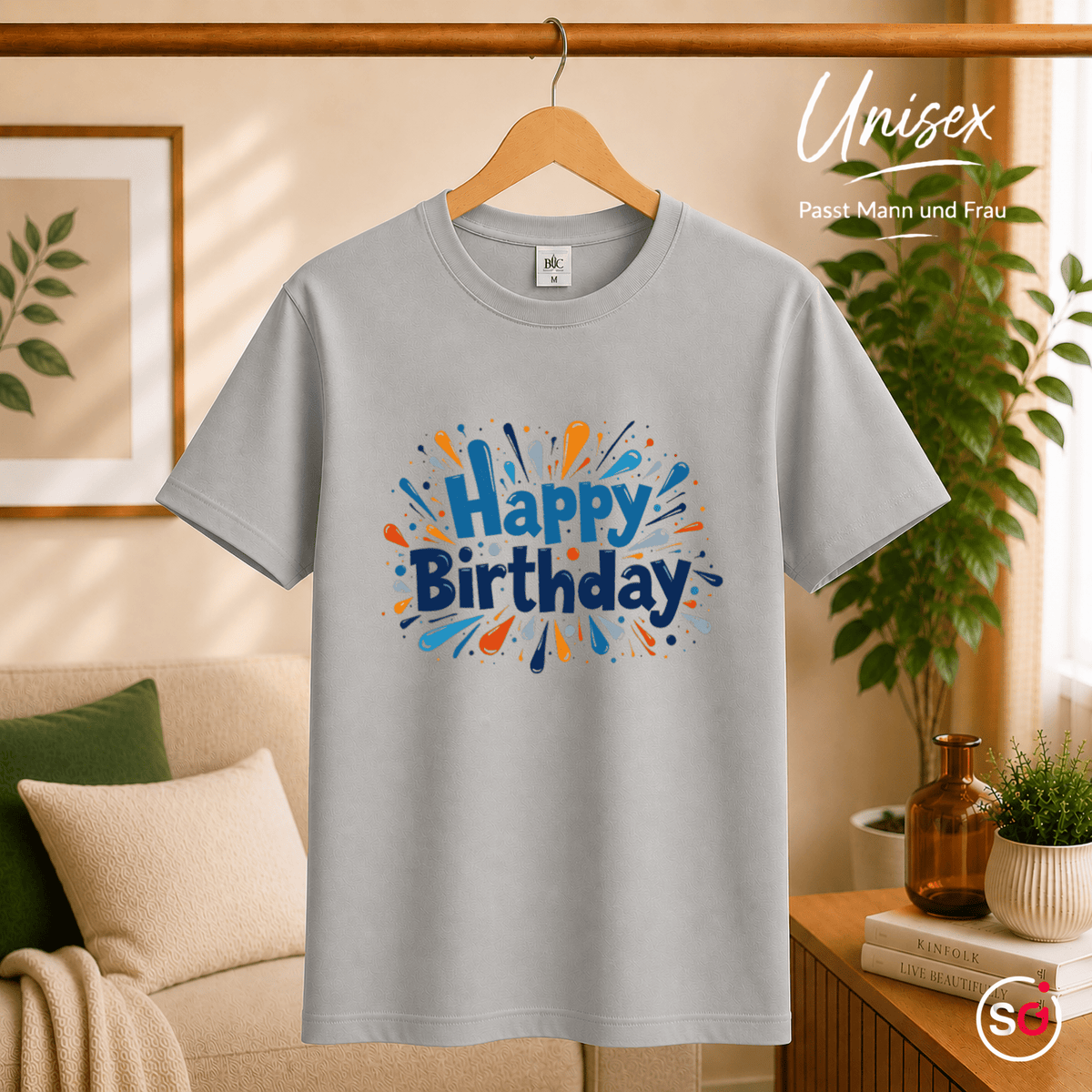 Happy Birthday T-Shirt mit dynamischem Farb-Splash & Konfetti-Design - StyleOne