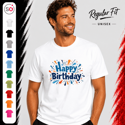 Happy Birthday T-Shirt mit dynamischem Farb-Splash & Konfetti-Design - StyleOne