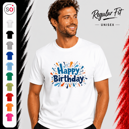 Happy Birthday T-Shirt mit dynamischem Farb-Splash & Konfetti-Design - StyleOne