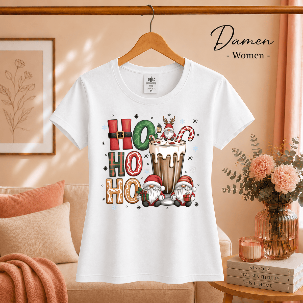 Ho Ho Ho T-Shirt mit niedlichen Weihnachtswichteln und heißer Schokolade - StyleOne