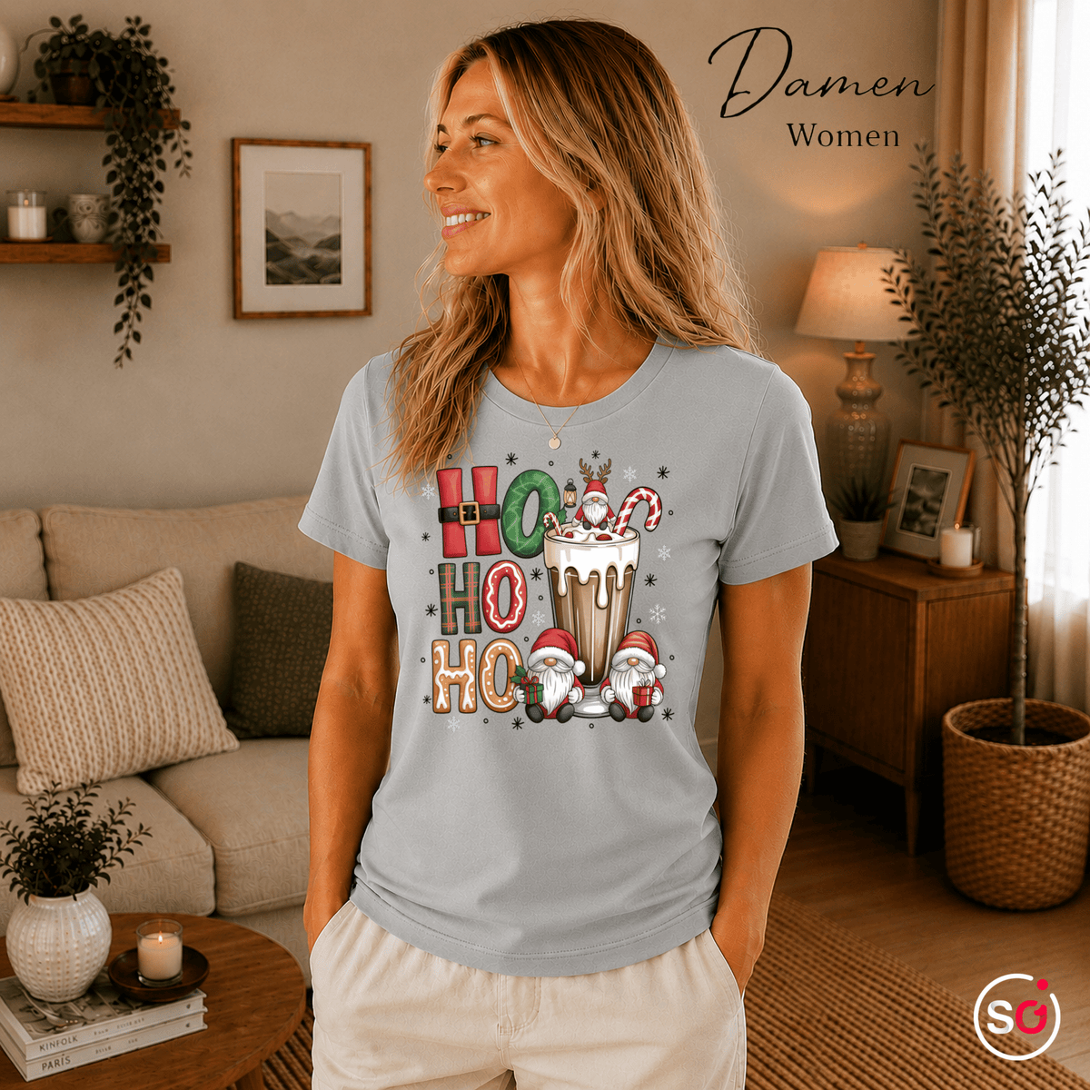 Ho Ho Ho T-Shirt mit niedlichen Weihnachtswichteln und heißer Schokolade - StyleOne
