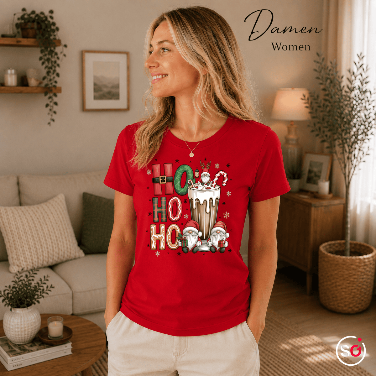 Ho Ho Ho T-Shirt mit niedlichen Weihnachtswichteln und heißer Schokolade - StyleOne