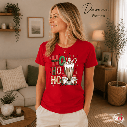 Ho Ho Ho T-Shirt mit niedlichen Weihnachtswichteln und heißer Schokolade - StyleOne