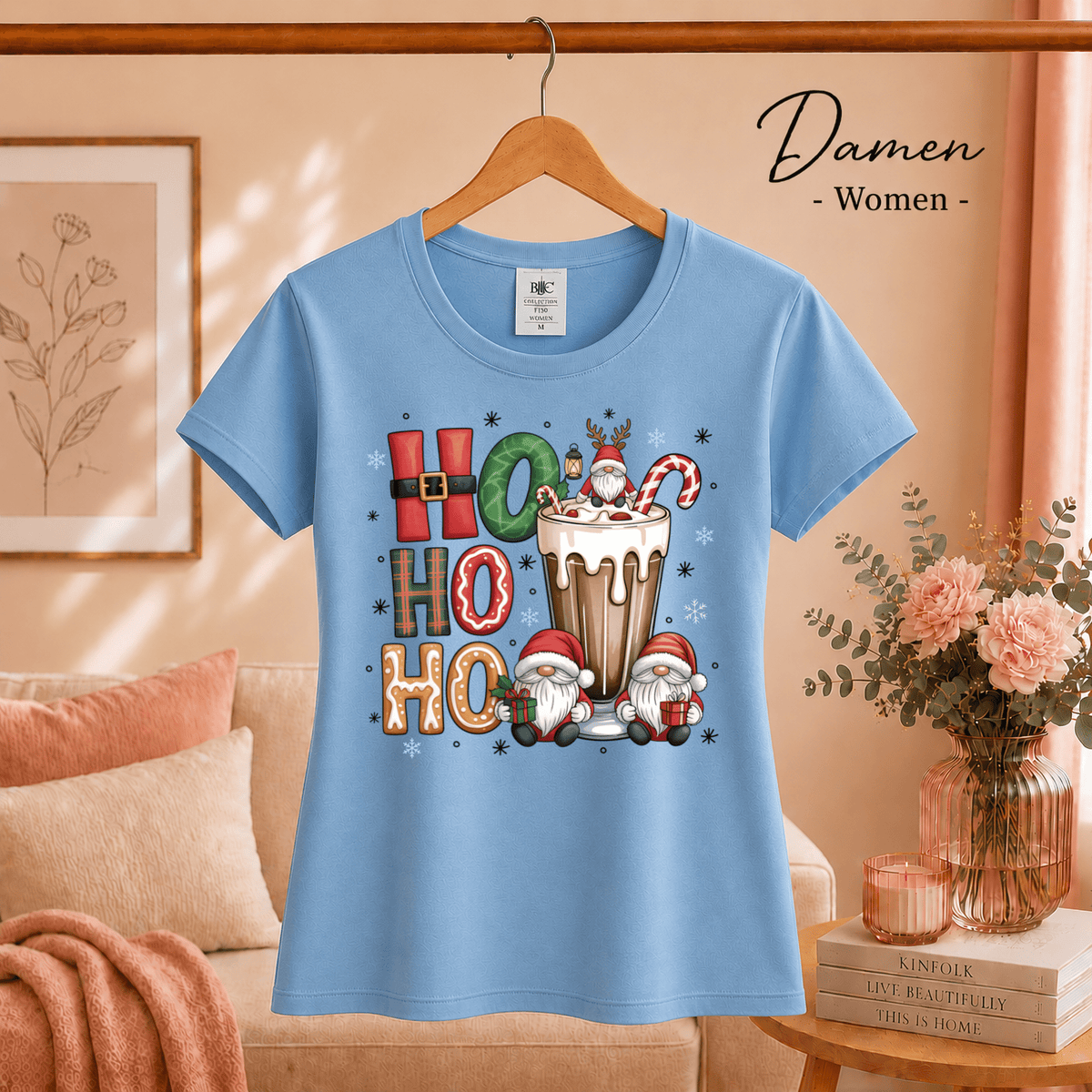 Ho Ho Ho T-Shirt mit niedlichen Weihnachtswichteln und heißer Schokolade - StyleOne